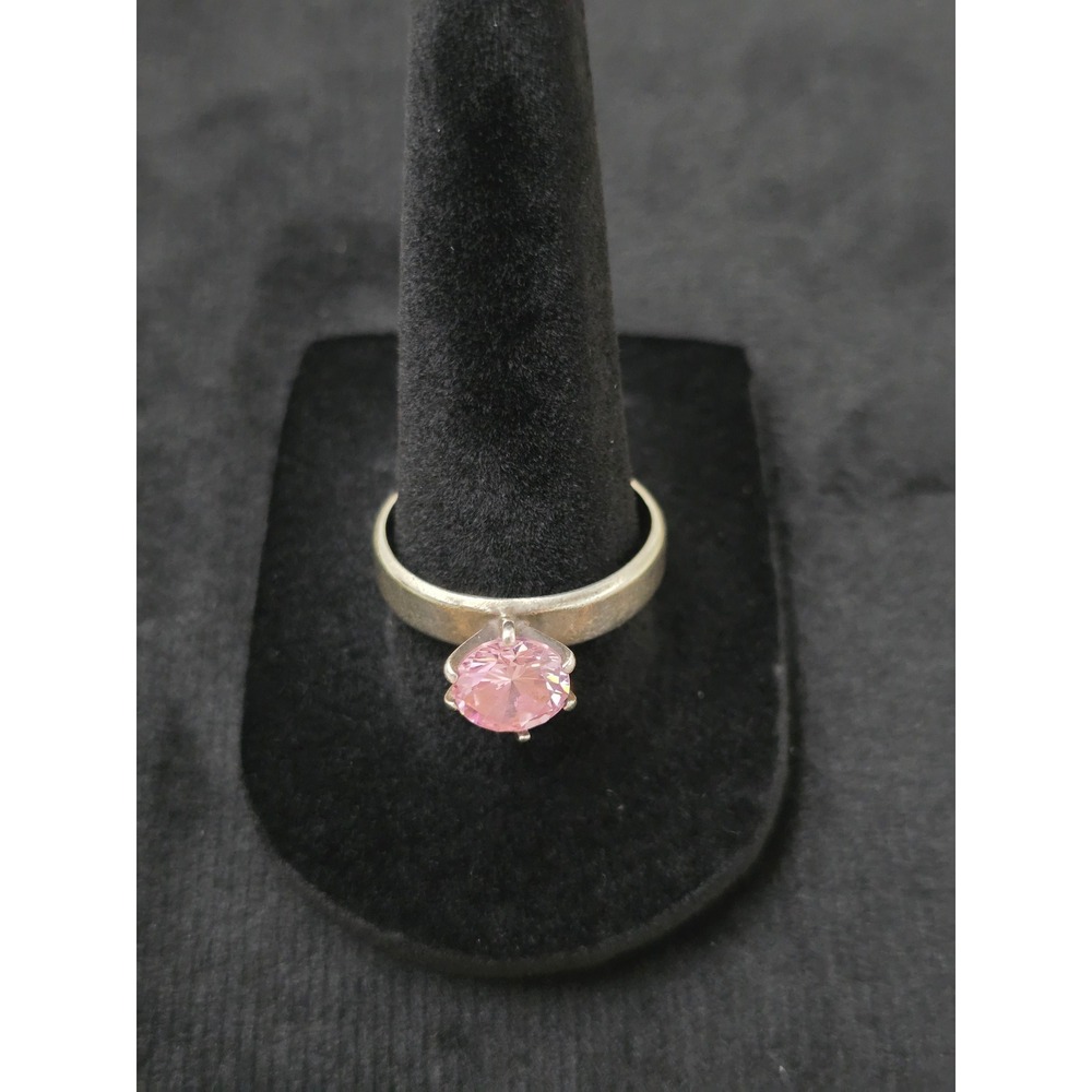 Vintage Silver Ring with Pink Solitaire Cubic Zerconia Stone